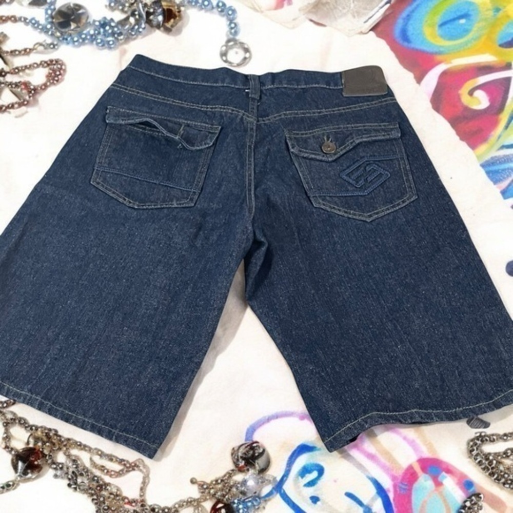 Enyce Jean Shorts Mens 32 Blue Denim Embroidered Pockets Y2K Jorts Baggy F456